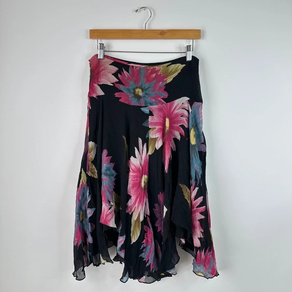 Karen Kane Floral Black Midi Skirt Women's Size 6 Asymmetrical Hem - Picture 5 of 5
